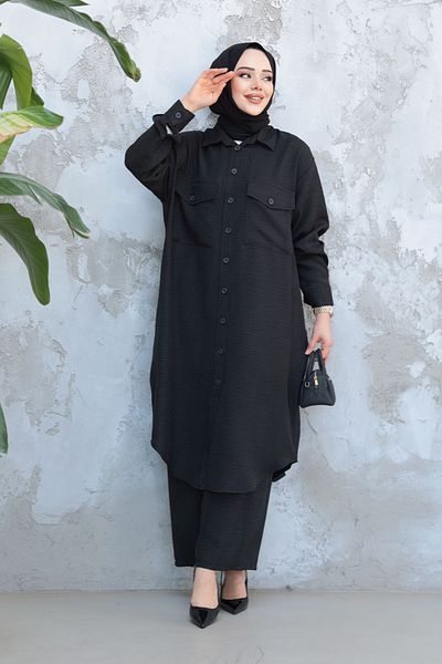 Neva Style Costum cu nasturi hijab negru 44661S