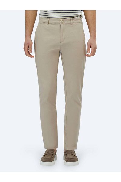 Kip Beige Plain Woven Regular Fit Casual Cotton Blended Trousers