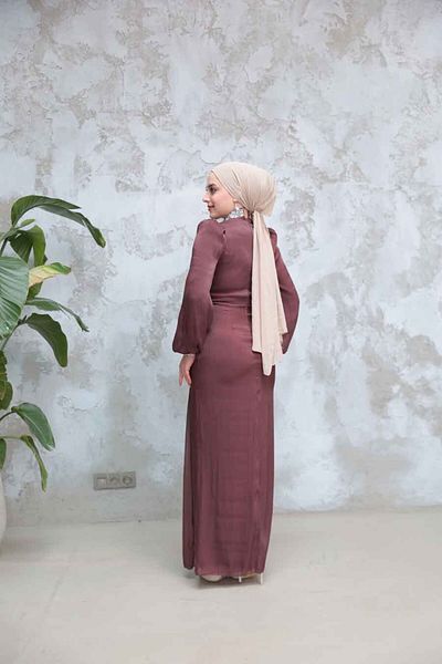 Neva Style Drape Detailed Brown Hijab Evening Dress 50581Kh
