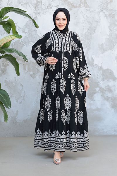 Neva Style Rochie neagră cu hijab cu modele florale 18242S