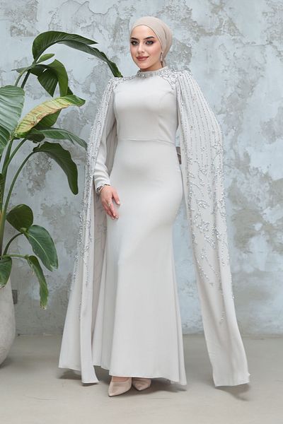 Neva Style Beige Hijab Evening Dress with Sleeves Cape 51681Beige