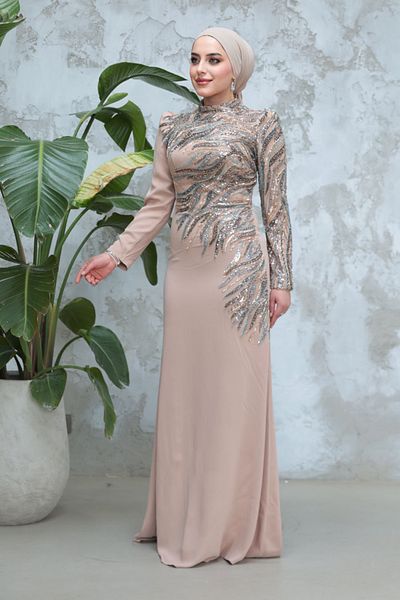 Neva Style Bead Embroidered Mink Hijab Evening Dress 51012V