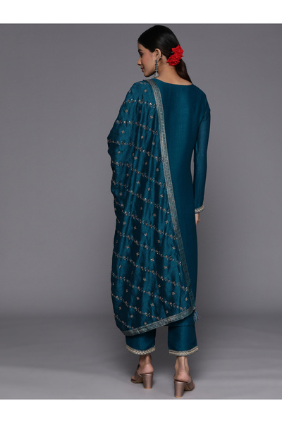 Libas By Styli Silk Embroidered Kurta and Solid Trousers with Embroidered Dupatta Set