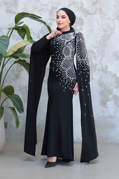 Neva Style Hijab Evening Dress - Black Hijab Evening Dress with Cape Sleeves 51671S