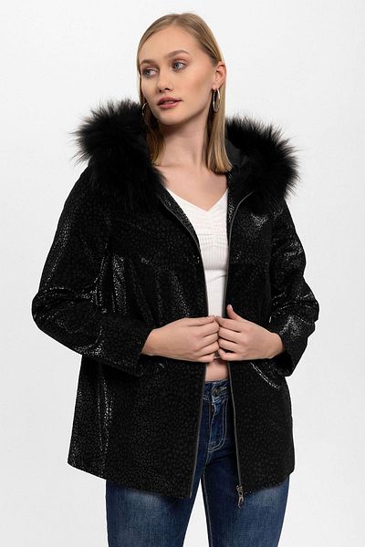 Deriderim Black Casper Printed Hooded Women's Genuine Leather Coat