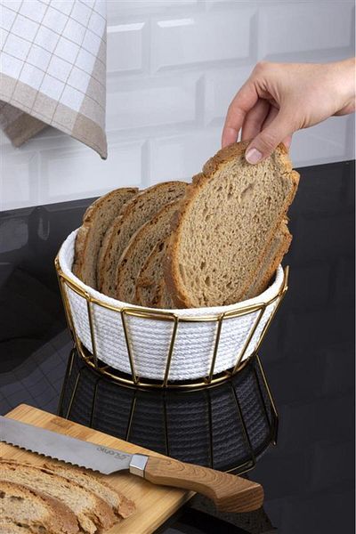 Okyanus Home White-Gold Detailed Wicker Knitted Stylish Bread Bowl