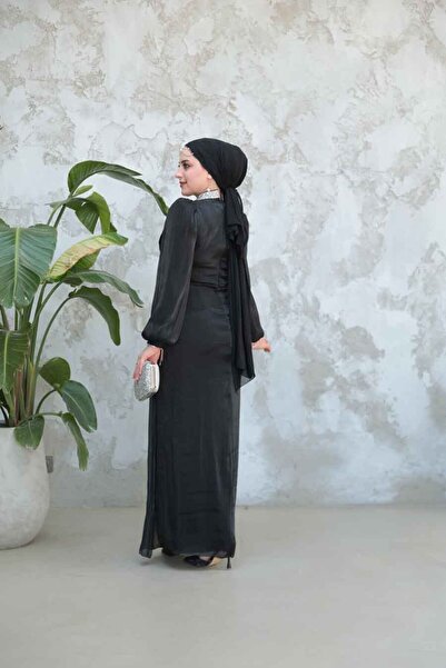 Neva Style Drape Detailed Black Hijab Evening Dress 50581S