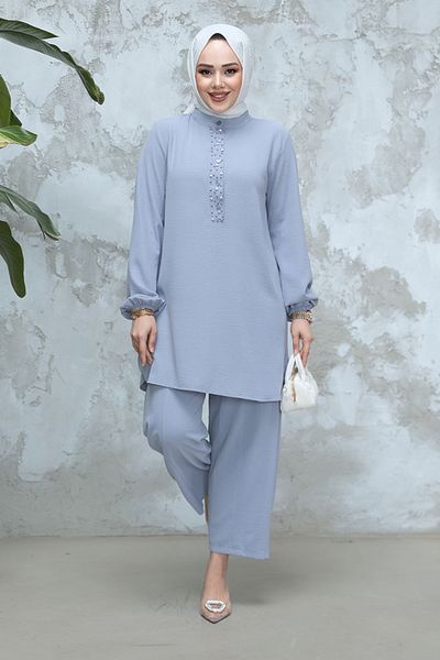Neva Style طقم حجاب رمادي مزدوج بتفاصيل لؤلؤية 12802GR