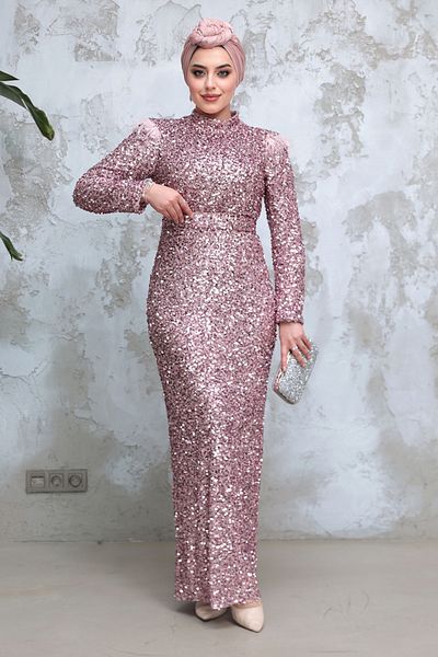 Neva Style Sequin Bead Embroidered Dusty Rose Hijab Evening Dress 4762Gk