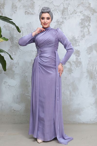 Neva Style Hijab Evening Dress - Drape Detailed Lilac Hijab Evening Dress 51481Lıla