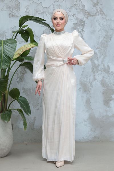 Neva Style Hijab Evening Dress - Ecru Hijab Evening Dress with Drape Detail 50581E