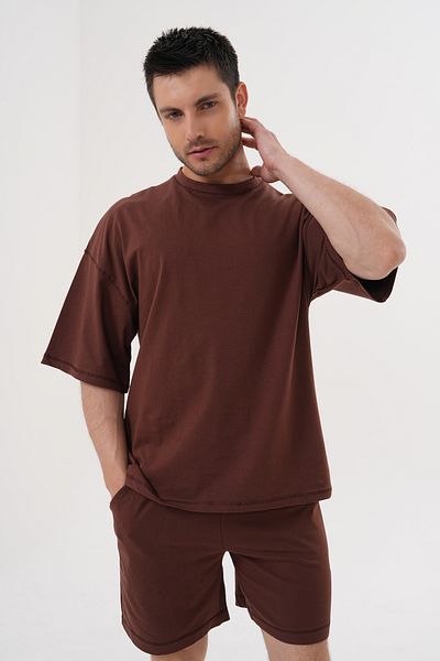 ACTIVE MODA - Men's Brown Short Sleeve Tshirt - Shorts Set 2 Pieces Large Size Oversized Cotton