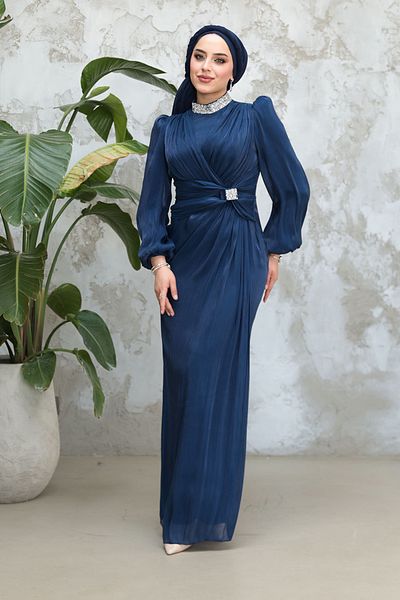 Neva Style Hijab Evening Dress - Navy Blue Hijab Evening Dress with Drape Detail 50581L
