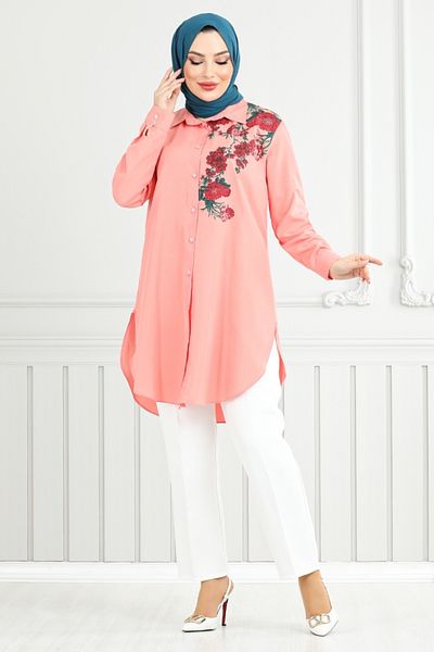 ModaMerve Floral Printed Tunic 405Evo1065-M Salmon