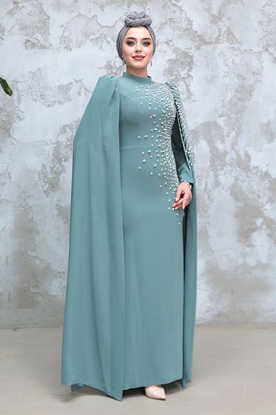 Neva Style Cagla Green Hijab Evening Dress with Cape Sleeves 51671Cy