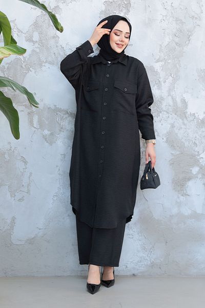 Neva Style Costum cu nasturi hijab negru 44661S