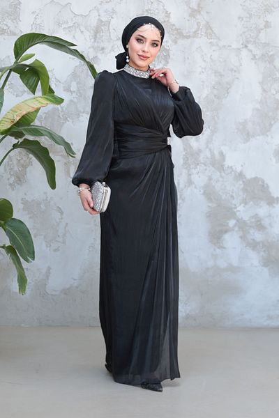 Neva Style Hijab Evening Dress - Black Hijab Evening Dress with Drape Detail 50581S