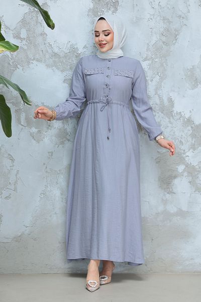 Neva Style Rochie hijab gri cu nasturi 17131GR