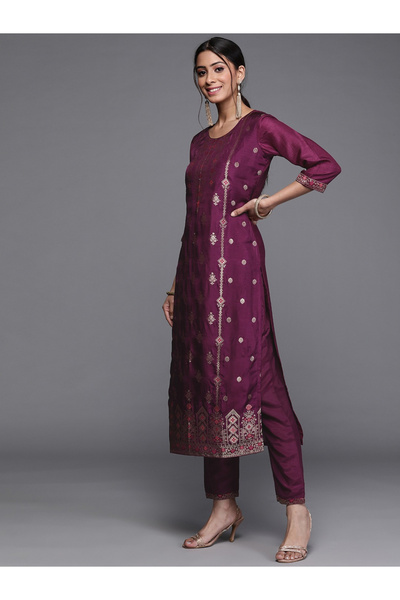 Libas By Styli Silk Zari Work Kurta and Solid Trouser with Chiffon Embellished Dupatta Set