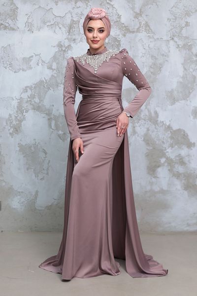 Neva Style Bead Embroidered Mink Hijab Satin Evening Dress 51312V