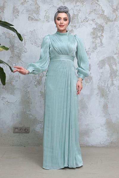 Neva Style Drape Detailed Mint Hijab Evening Dress 50921Mint