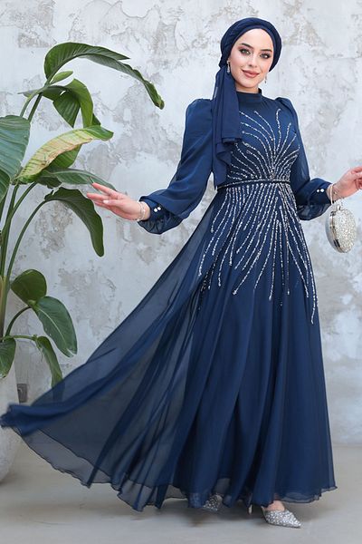Neva Style Hijab Evening Dress - Beaded Navy Blue Hijab Evening Dress 4953L