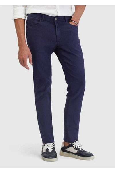 Ramsey Navy Blue Plain Woven Slim Fit Casual Linen Blended Trousers