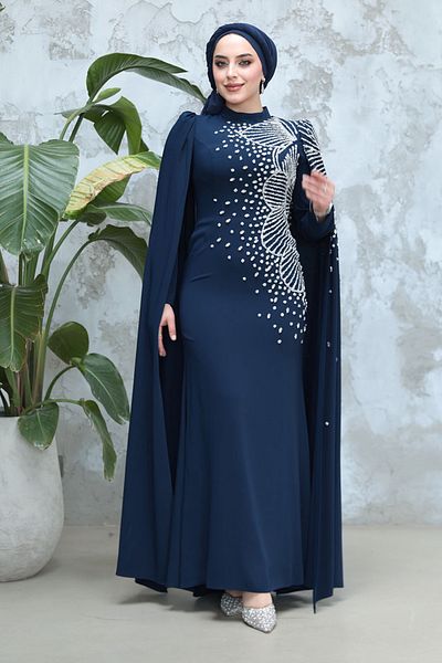 Neva Style Hijab Evening Dress - Navy Blue Hijab Evening Dress with Cape Sleeves 51671L