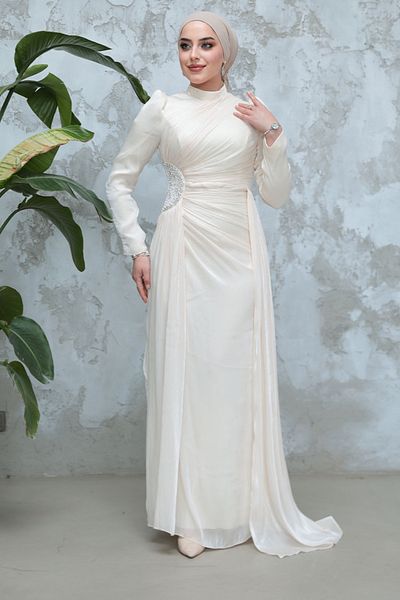 Neva Style Hijab Evening Dress - Ecru Hijab Evening Dress with Drape Detail 51481E