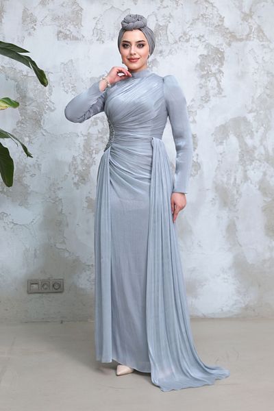 Neva Style Drape Detailed Gray Hijab Evening Dress 51481Gr