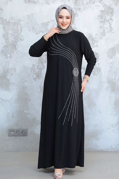 Neva Style Beaded Black Hijab Dress 9345S