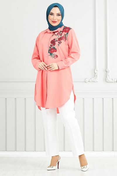 ModaMerve Floral Printed Tunic 405Evo1065-M Salmon
