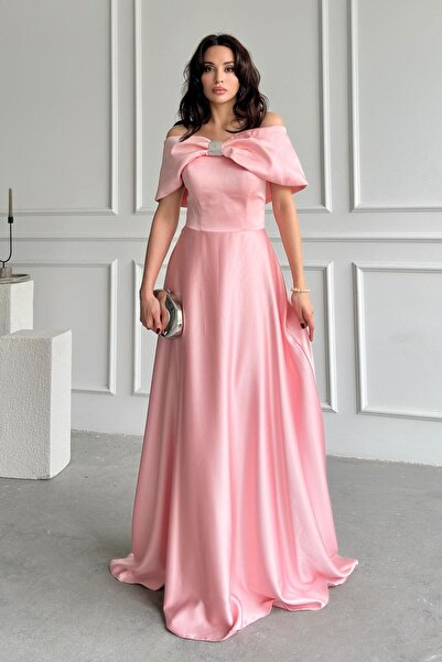Serica Moda Rochie de seară cu fundă de piatră în față pudră