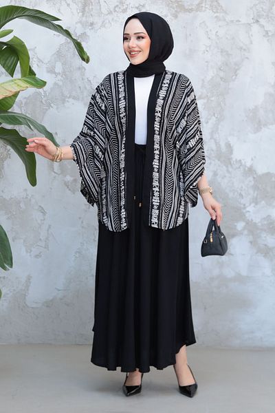 Neva Style Set kimono cu fustă dublă hijab neagră cu model 12891S