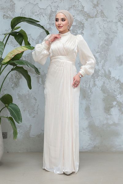 Neva Style Drape Detailed Ecru Hijab Evening Dress 50921E