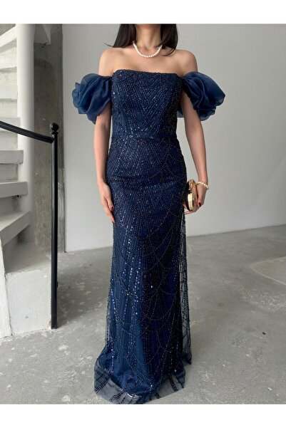 Serica Moda Sötétkék léggömb ujjú, flitteres, hímzett pánt nélküli estélyi ruha