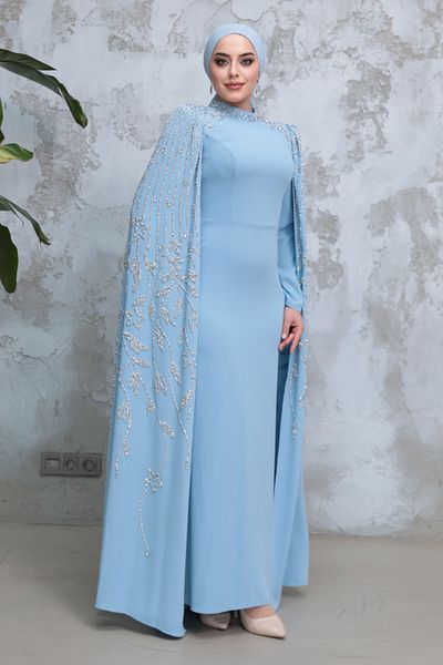 Neva Style Hijab Evening Dress - Baby Blue Hijab Evening Dress with Cape Sleeves 51681Bm