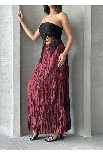 İLKCET MODA Kraşlı Burgundy Maxi Length Women's Skirt