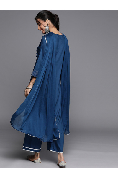 Libas By Styli Embroidered Kurta and Solid Palazzo with Chiffon Solid Dupatta Set