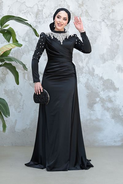 Neva Style Beaded Black Hijab Satin Evening Dress 51312S
