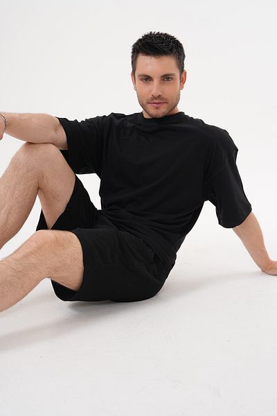 ACTIVE MODA - Men's Black Short Sleeve Tshirt - Shorts Set 2 Pieces Large Size Oversized Cotton