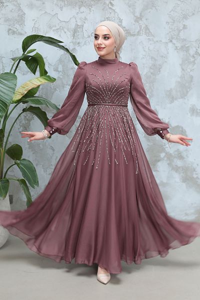 Neva Style Hijab Evening Dress - Beaded Brown Hijab Evening Dress 4953Kh