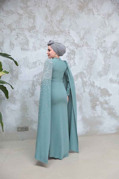 Neva Style Cagla Green Hijab Evening Dress with Cape Sleeves 51671Cy