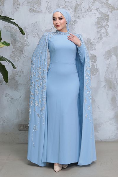 Neva Style Hijab Evening Dress - Baby Blue Hijab Evening Dress with Cape Sleeves 51681Bm