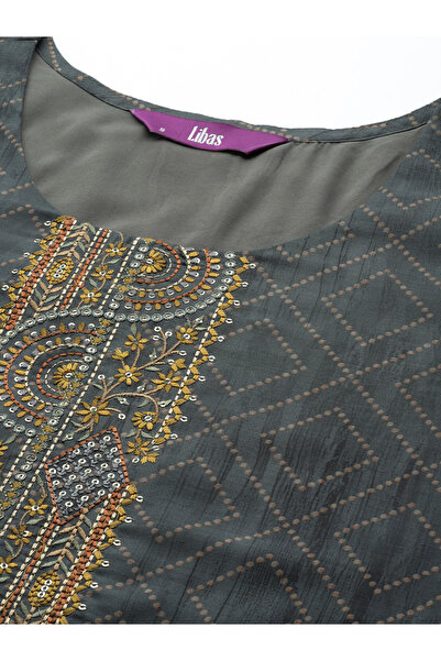 Libas By Styli Silk Embroidered Kurta with Solid Trousers and Printed Dupatta Set