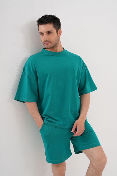 ACTIVE MODA - MEN'S TURQUOISE SHORT SLEEVE TSHIRT - SHORTS SET 2-PIECE PLUS SIZE OVERSIZED COTTON