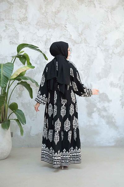 Neva Style Floral Patterned Black Hijab Dress 18242S