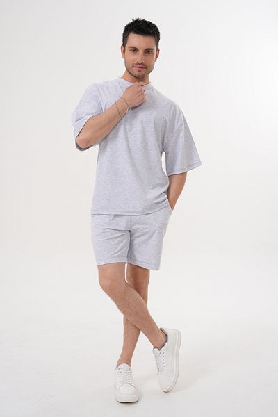 ACTIVE MODA - Men's Grey Short Sleeve Tshirt - Shorts Set 2 Pieces Large Size Oversized Cotton