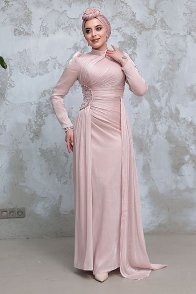 Neva Style Drape Detailed Powder Hijab Evening Dress 51481Pd