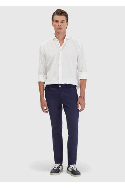 Ramsey Navy Blue Plain Woven Slim Fit Casual Linen Blended Trousers
